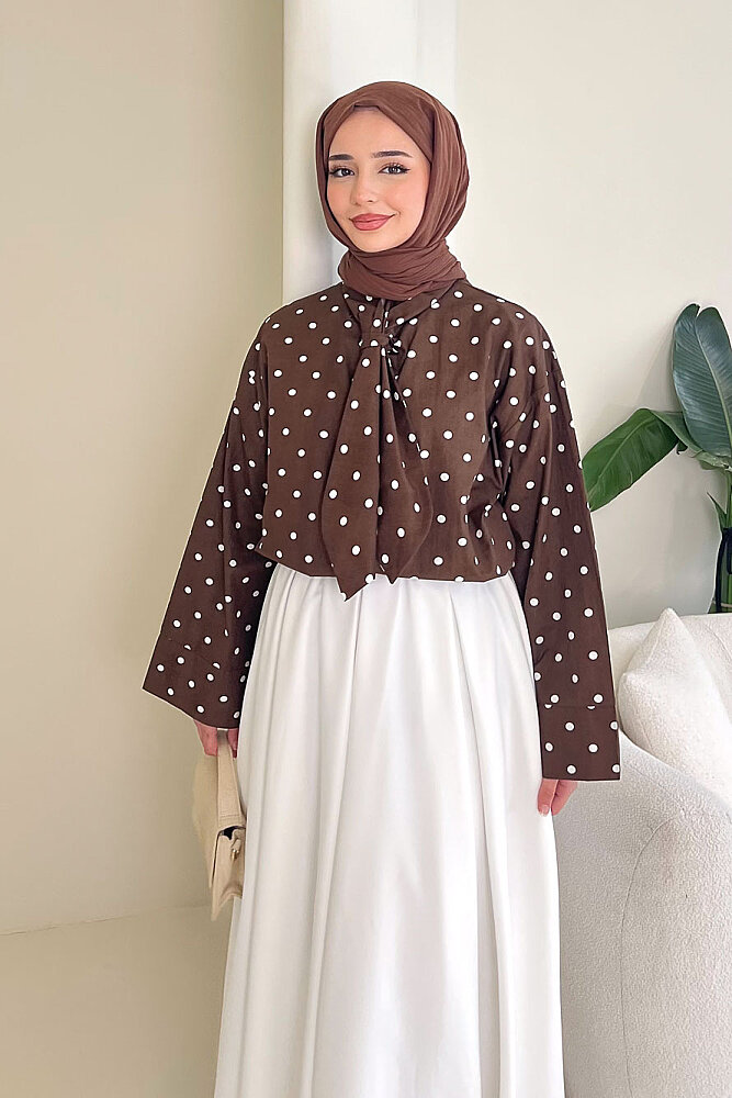 Puantiyeli Bağcık Detaylı Gömlek - Kahverengi - 3