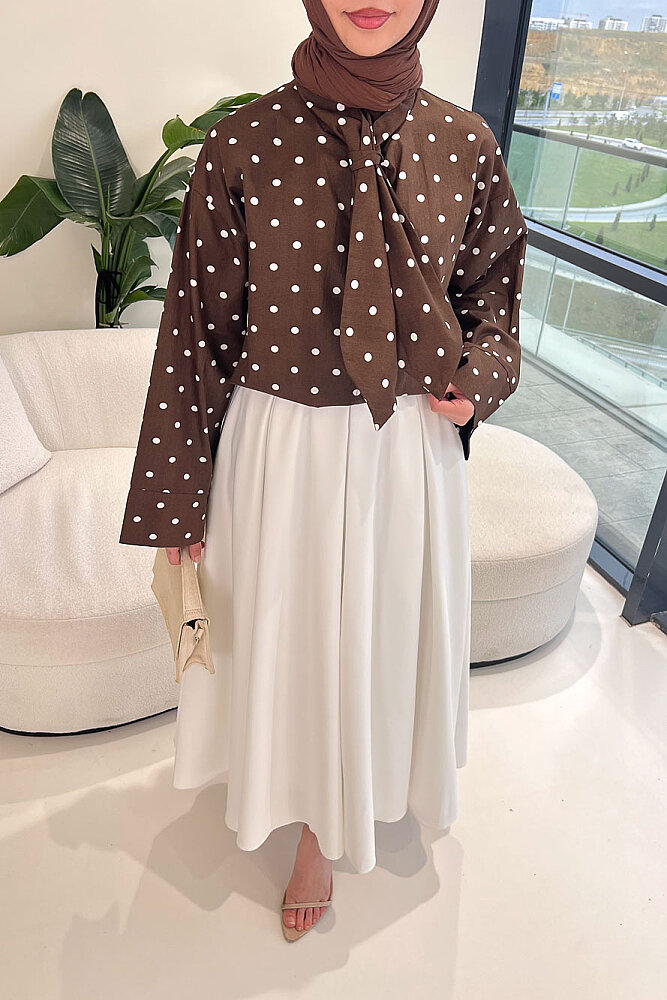 Puantiyeli Bağcık Detaylı Gömlek - Kahverengi - ENMA (4)