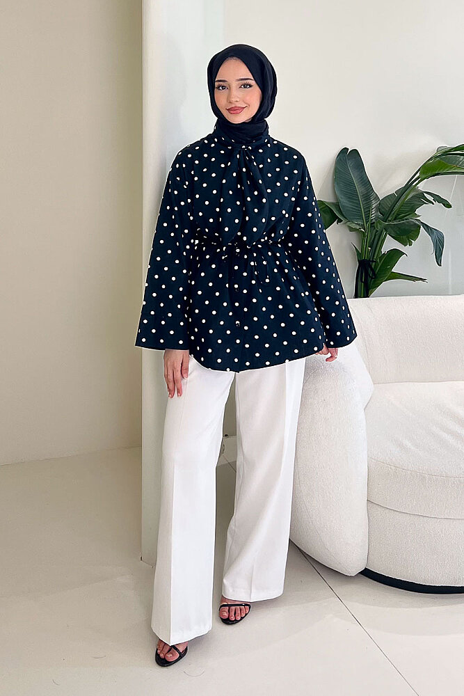 Puantiyeli Bağcık Detaylı Gömlek - Siyah - ENMA (0)