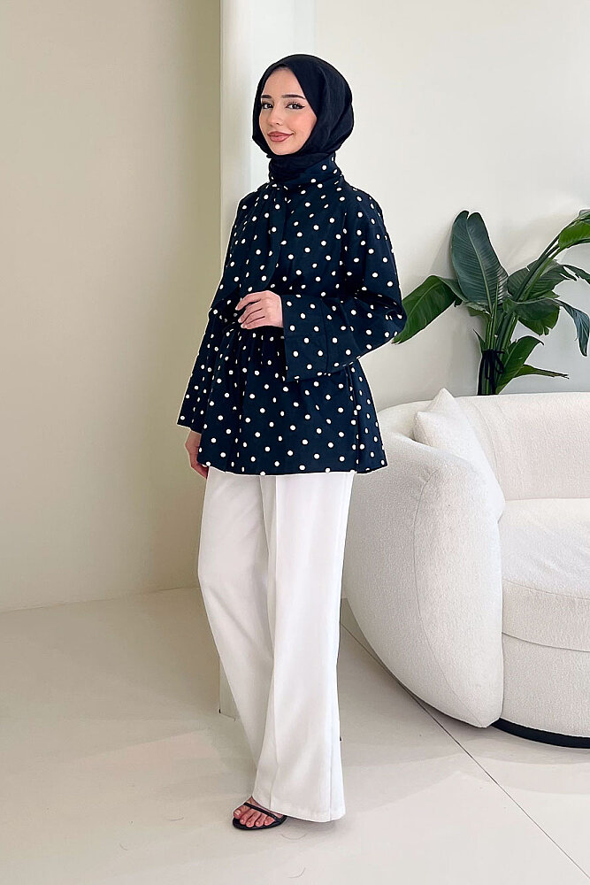 Puantiyeli Bağcık Detaylı Gömlek - Siyah - 3