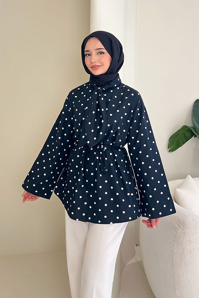 Puantiyeli Bağcık Detaylı Gömlek - Siyah - ENMA (3)