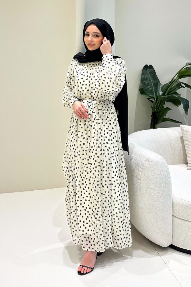 Puantiyeli Şifon Elbise - Bej - HEWES (4)