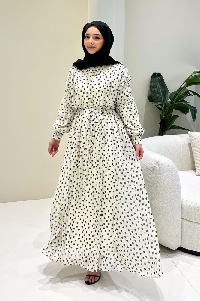 Puantiyeli Şifon Elbise - Bej - HEWES (0)