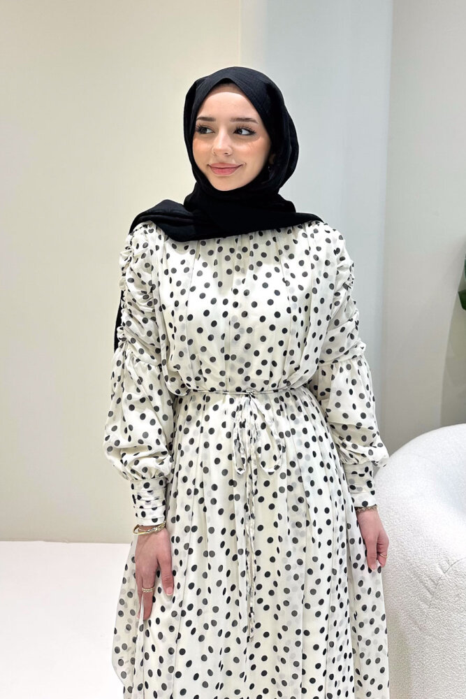 Puantiyeli Şifon Elbise - Bej - 9