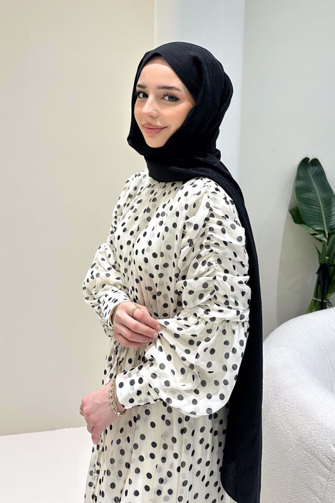 Puantiyeli Şifon Elbise - Bej - 6