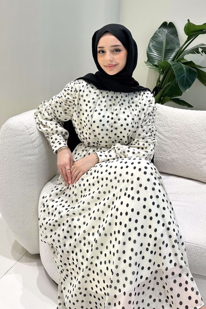 Puantiyeli Şifon Elbise - Bej - HEWES (3)