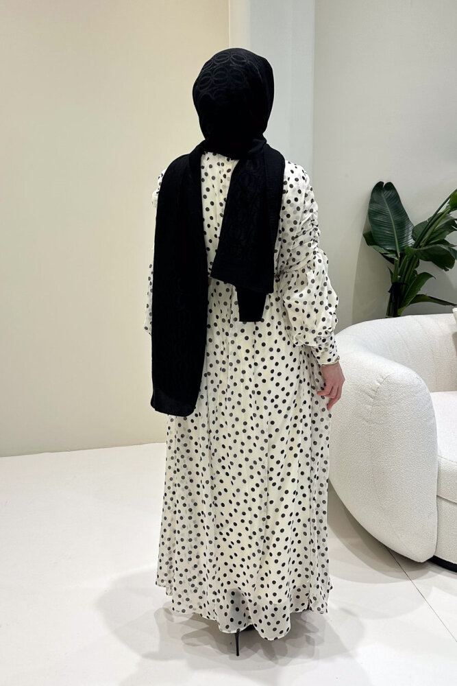 Puantiyeli Şifon Elbise - Bej - 11