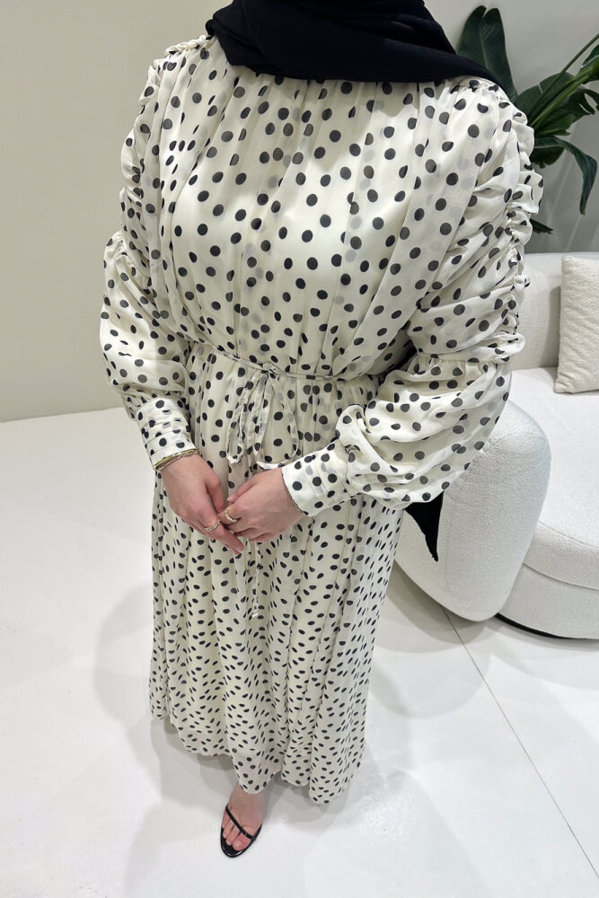 Puantiyeli Şifon Elbise - Bej - 8