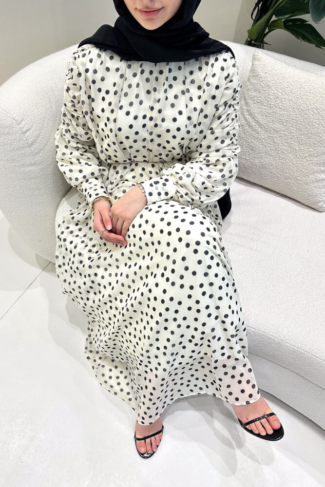 Puantiyeli Şifon Elbise - Bej - 2