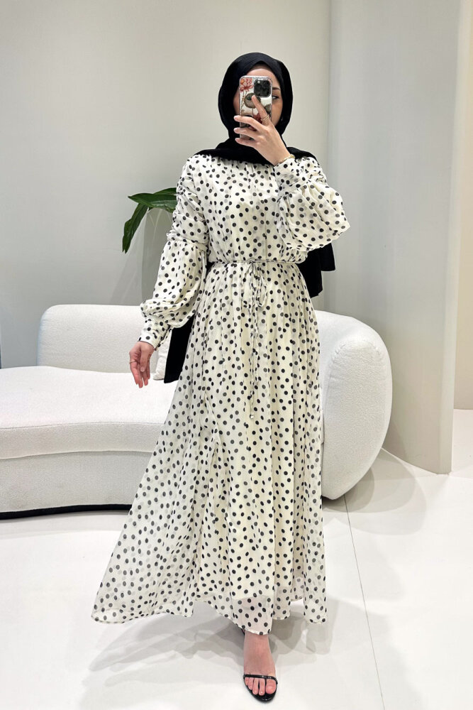 Puantiyeli Şifon Elbise - Bej - HEWES (2)