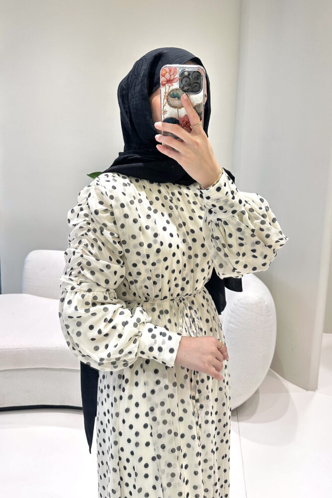 Puantiyeli Şifon Elbise - Bej - 12