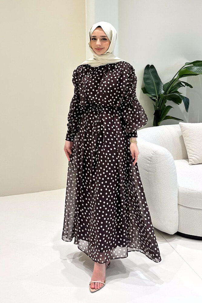 Puantiyeli Şifon Elbise - Kahverengi - HEWES (3)