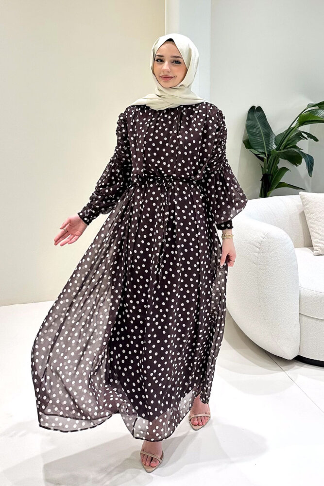 Puantiyeli Şifon Elbise - Kahverengi - 2