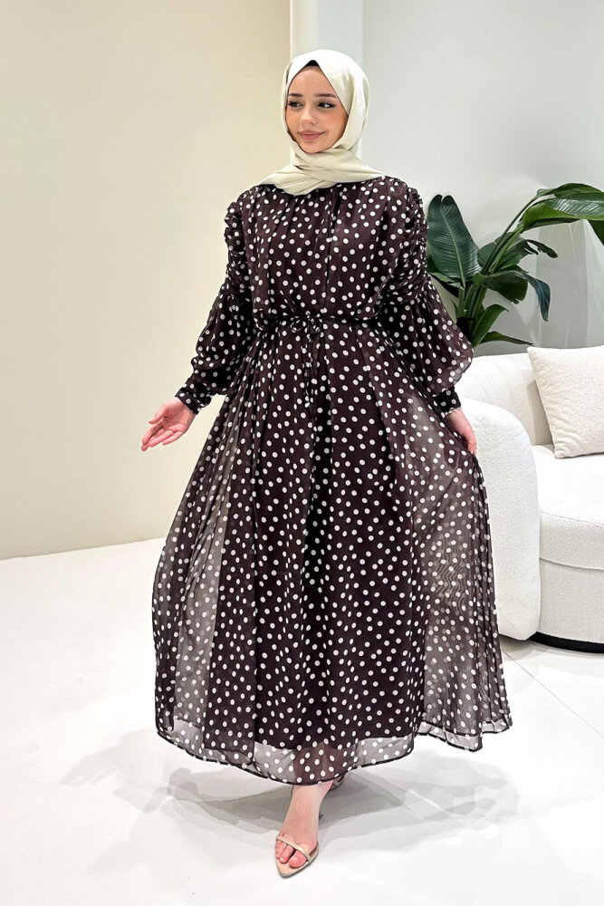 Puantiyeli Şifon Elbise - Kahverengi - HEWES (5)