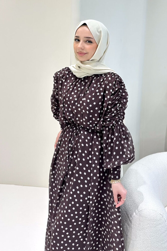 Puantiyeli Şifon Elbise - Kahverengi - 5