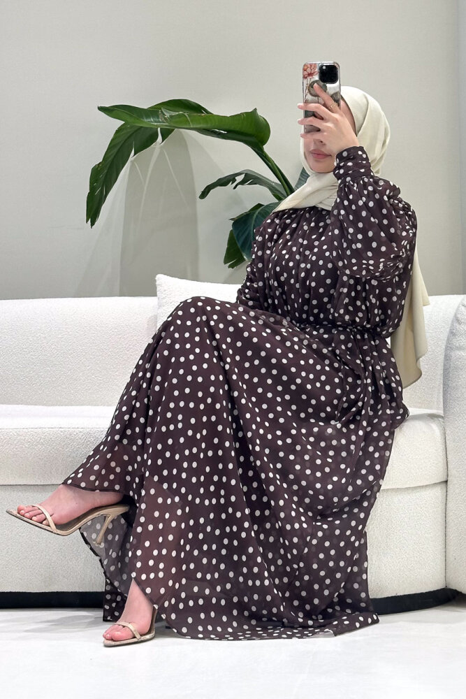 Puantiyeli Şifon Elbise - Kahverengi - HEWES (0)