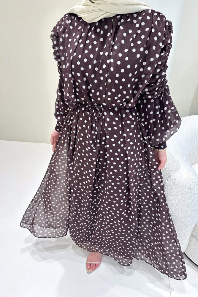 Puantiyeli Şifon Elbise - Kahverengi - 8