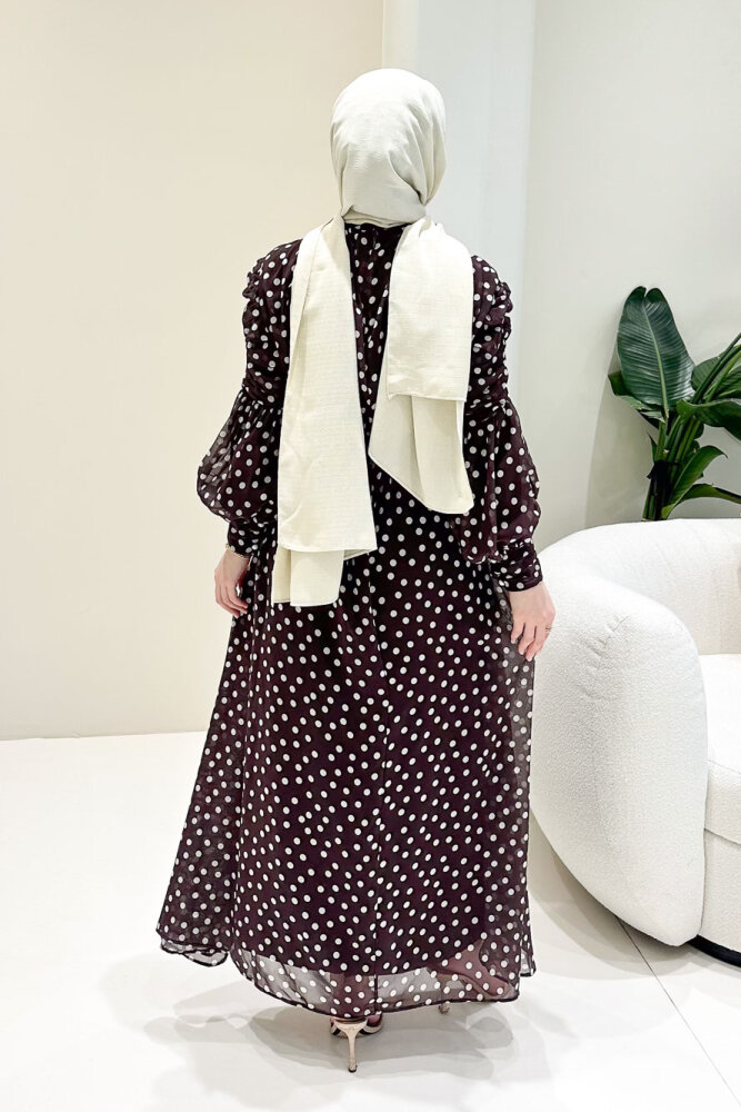 Puantiyeli Şifon Elbise - Kahverengi - 10