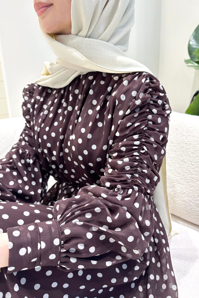 Puantiyeli Şifon Elbise - Kahverengi - 3