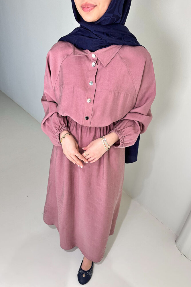 Reglan Kol Tünel Detaylı Elbise - Gül kurusu - İKOL (2)