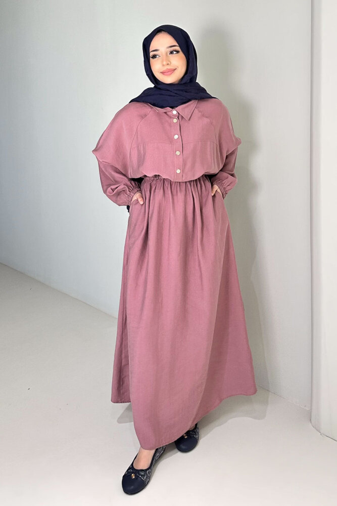 Reglan Kol Tünel Detaylı Elbise - Gül kurusu - 1