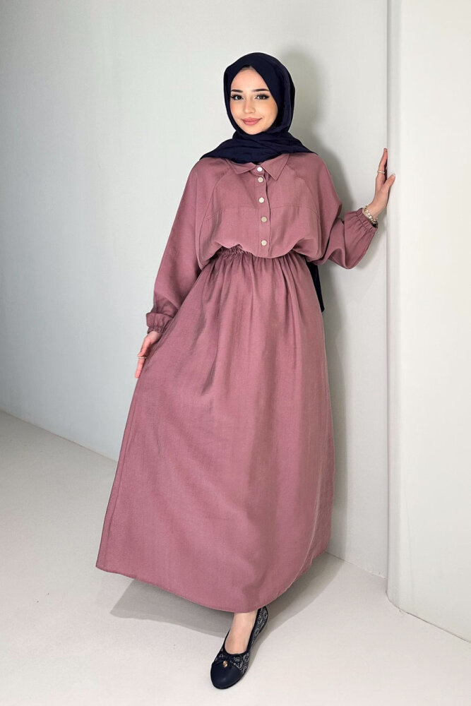 Reglan Kol Tünel Detaylı Elbise - Gül kurusu - 6