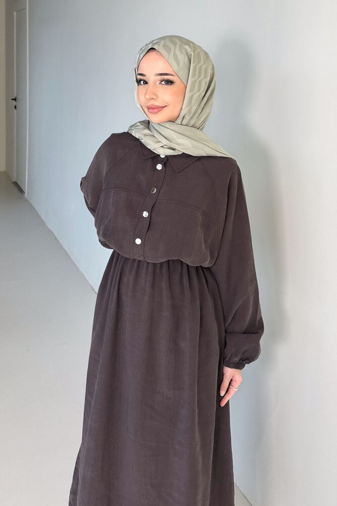 Reglan Kol Tünel Detaylı Elbise - Kahverengi - İKOL (1)