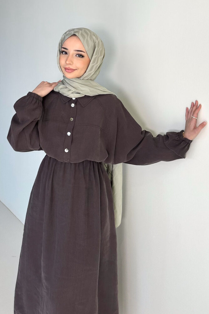 Reglan Kol Tünel Detaylı Elbise - Kahverengi - 6