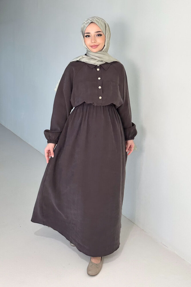 Reglan Kol Tünel Detaylı Elbise - Kahverengi - 5