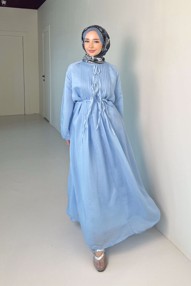 Rei Fiyonk Bağlamalı Nervür Detaylı Elbise - Mavi - 4