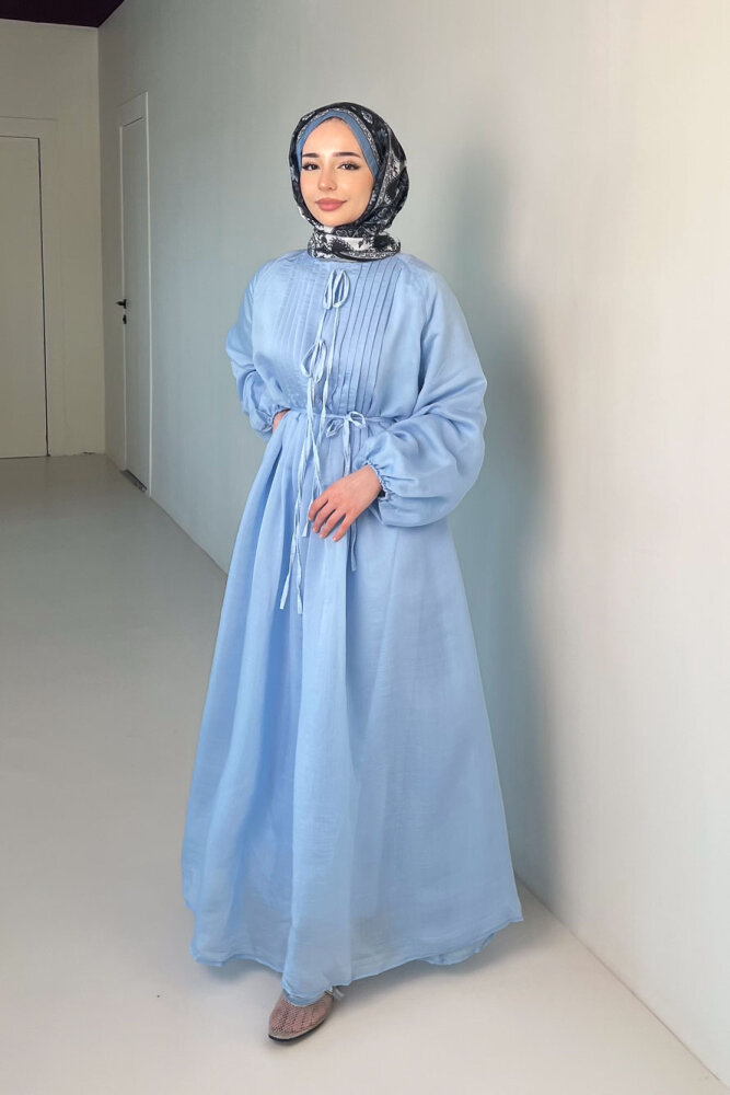 Rei Fiyonk Bağlamalı Nervür Detaylı Elbise - Mavi - ENMA (0)