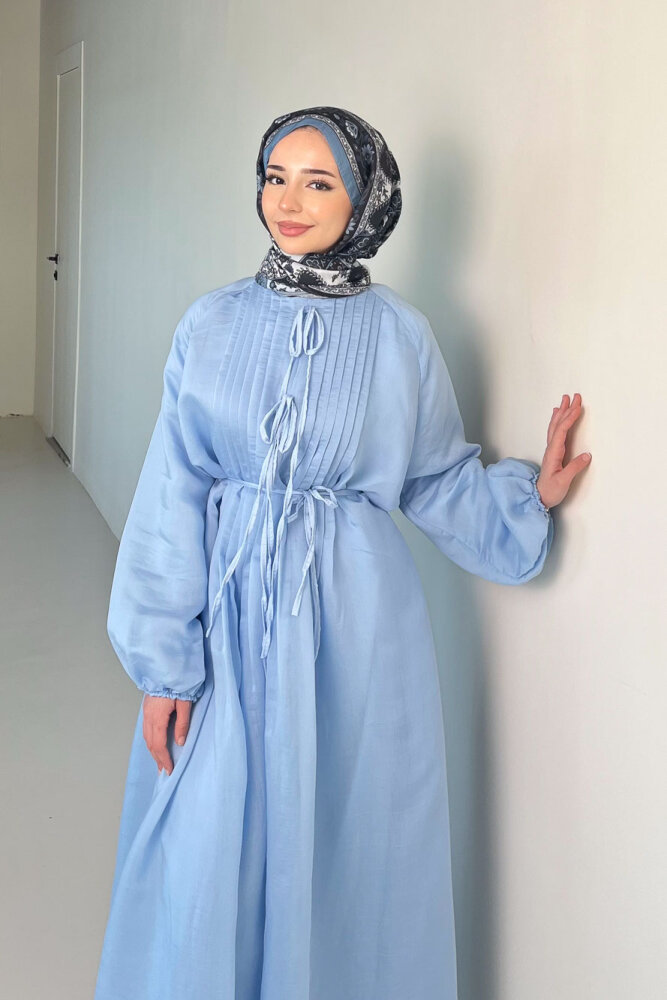 Rei Fiyonk Bağlamalı Nervür Detaylı Elbise - Mavi - 2