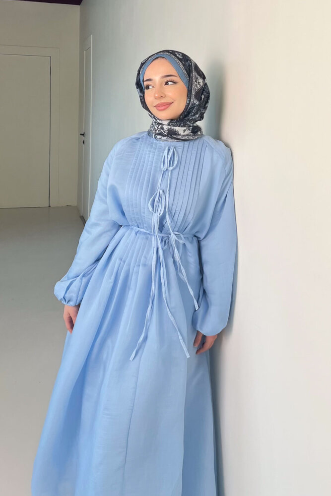 Rei Fiyonk Bağlamalı Nervür Detaylı Elbise - Mavi - 5