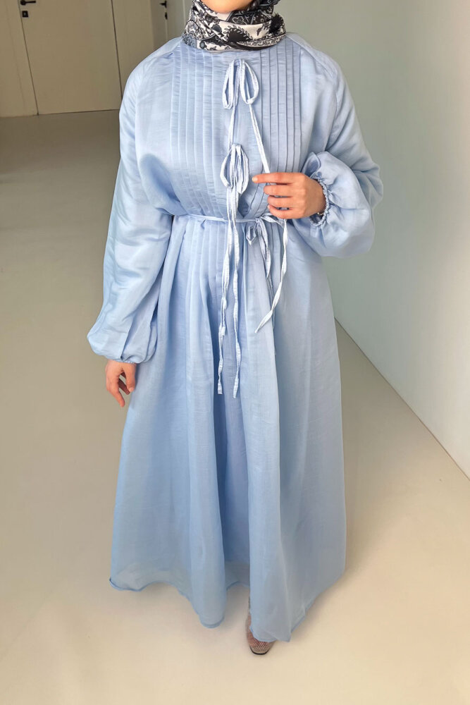 Rei Fiyonk Bağlamalı Nervür Detaylı Elbise - Mavi - 3