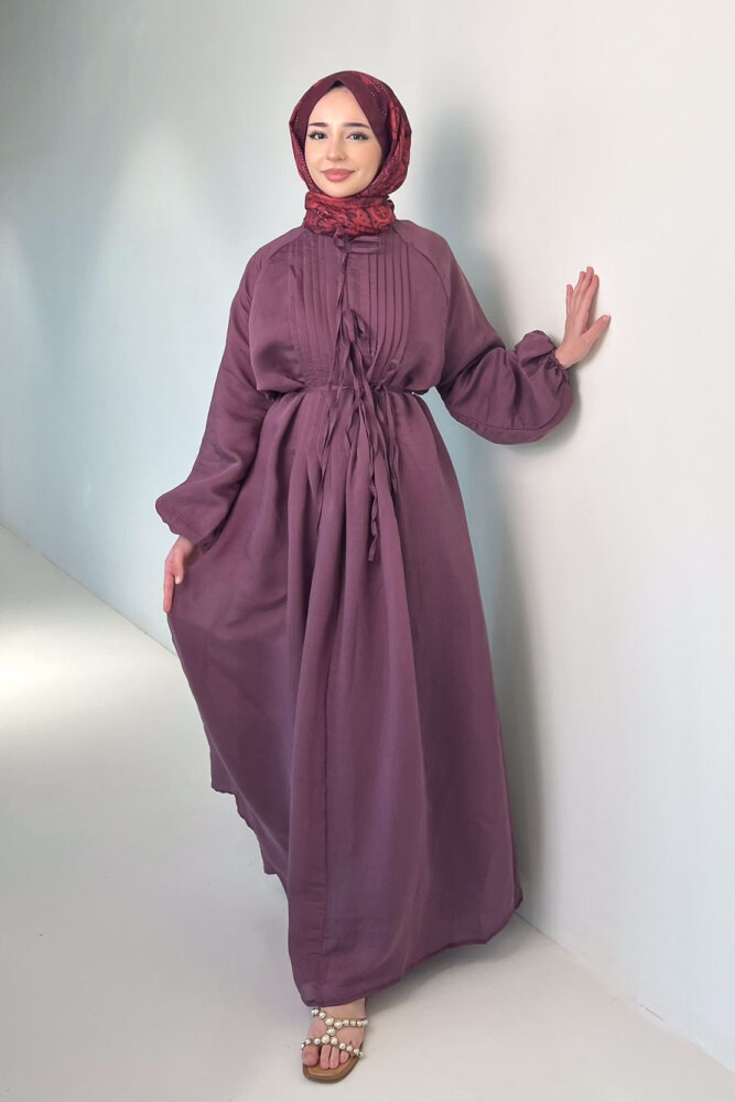 Rei Fiyonk Bağlamalı Nervür Detaylı Elbise - Mürdüm - ENMA (3)