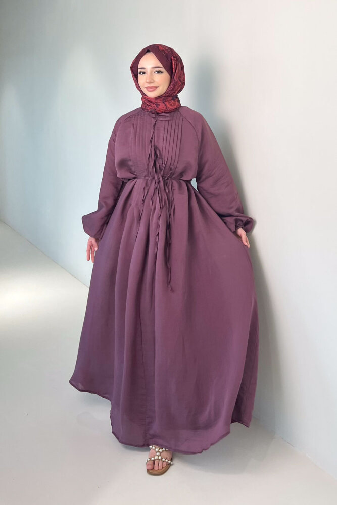 Rei Fiyonk Bağlamalı Nervür Detaylı Elbise - Mürdüm - 7