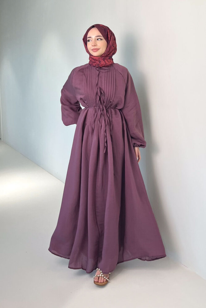 Rei Fiyonk Bağlamalı Nervür Detaylı Elbise - Mürdüm - 1