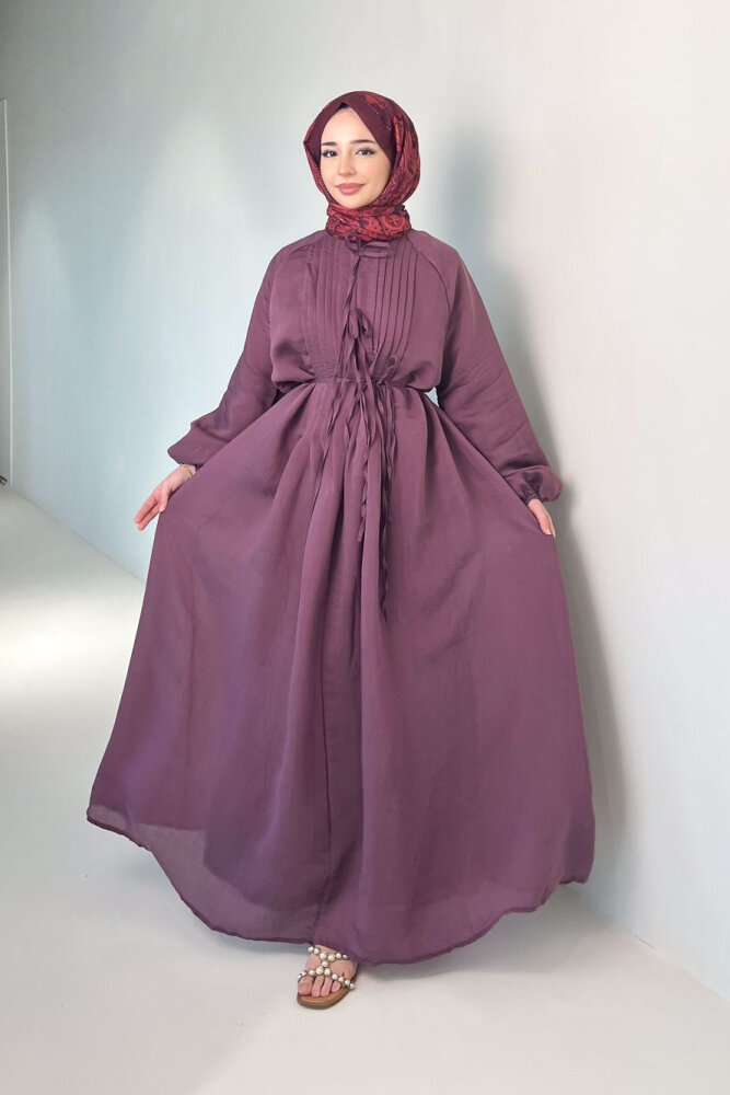 Rei Fiyonk Bağlamalı Nervür Detaylı Elbise - Mürdüm - ENMA (4)