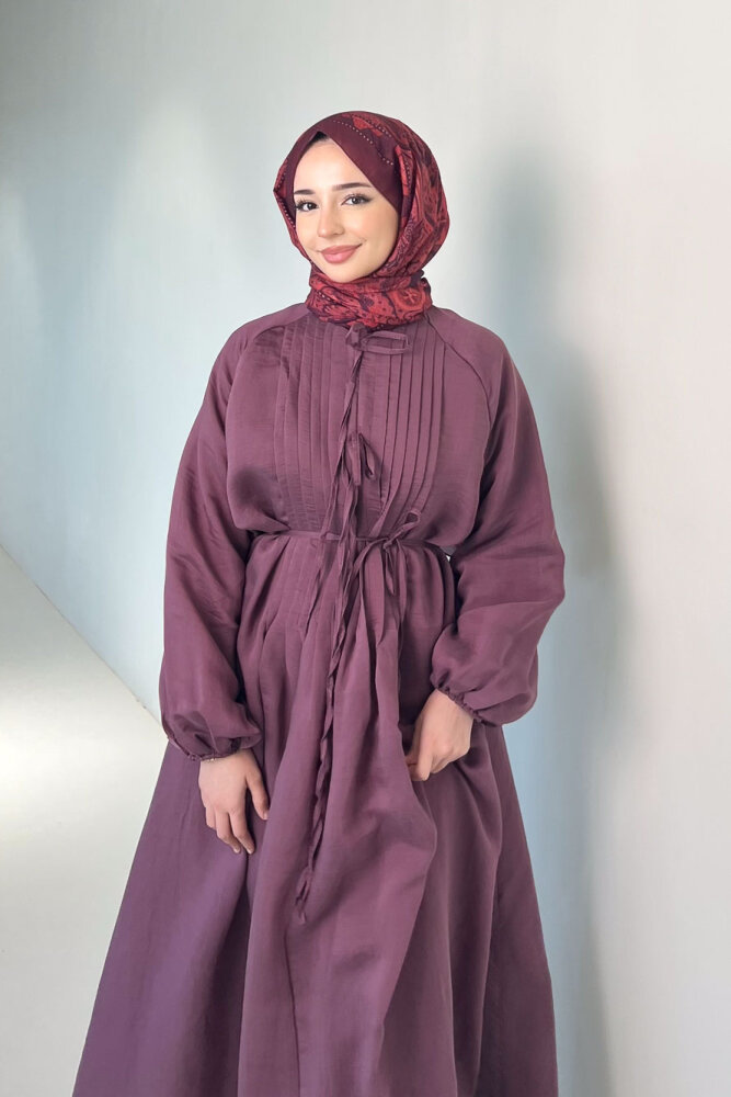 Rei Fiyonk Bağlamalı Nervür Detaylı Elbise - Mürdüm - ENMA (1)