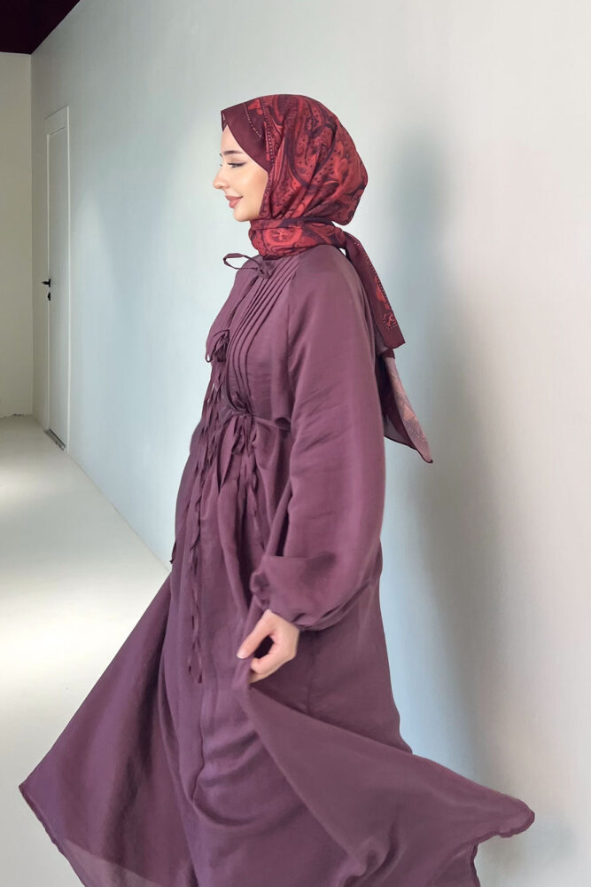 Rei Fiyonk Bağlamalı Nervür Detaylı Elbise - Mürdüm - 8