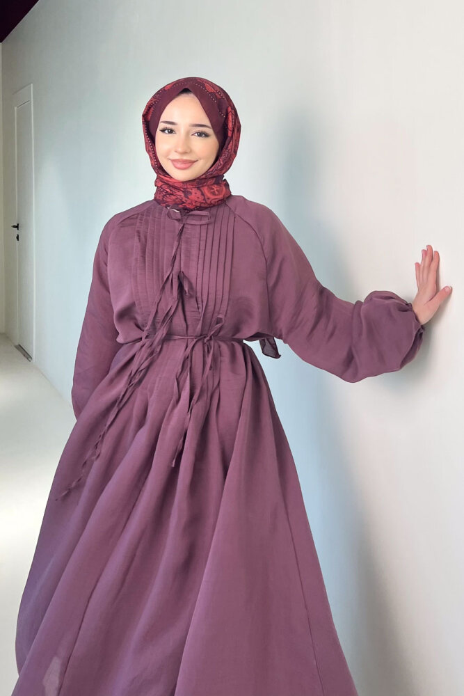 Rei Fiyonk Bağlamalı Nervür Detaylı Elbise - Mürdüm - ENMA (5)