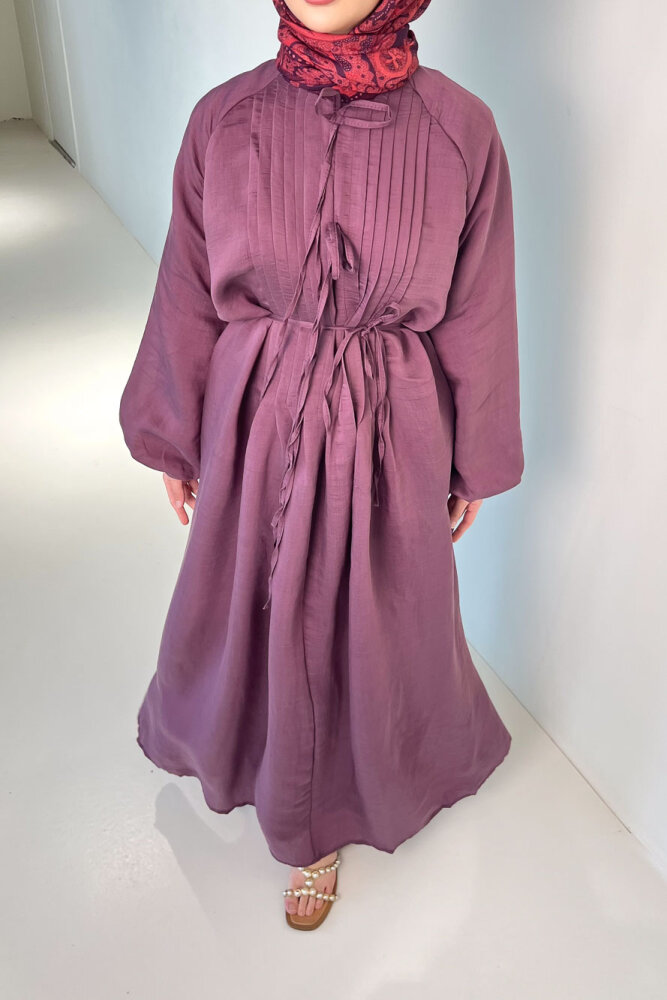 Rei Fiyonk Bağlamalı Nervür Detaylı Elbise - Mürdüm - ENMA (2)