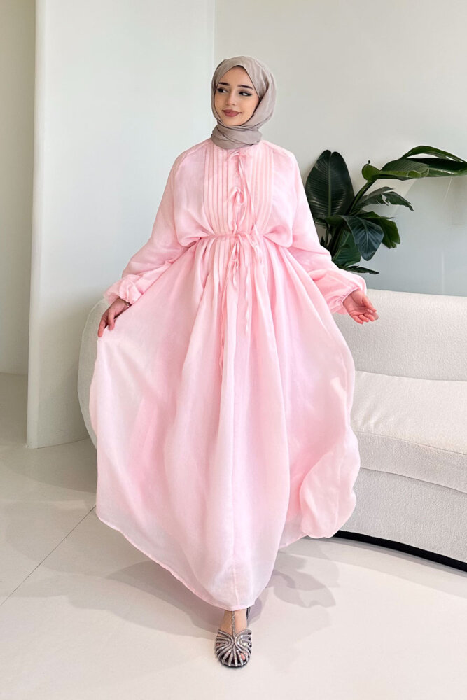 Rei Fiyonk Bağlamalı Nervür Detaylı Elbise - Pembe - ENMA (3)