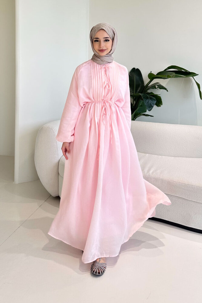 Rei Fiyonk Bağlamalı Nervür Detaylı Elbise - Pembe - 2