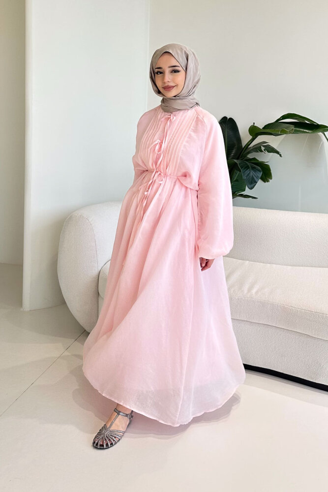 Rei Fiyonk Bağlamalı Nervür Detaylı Elbise - Pembe - 7