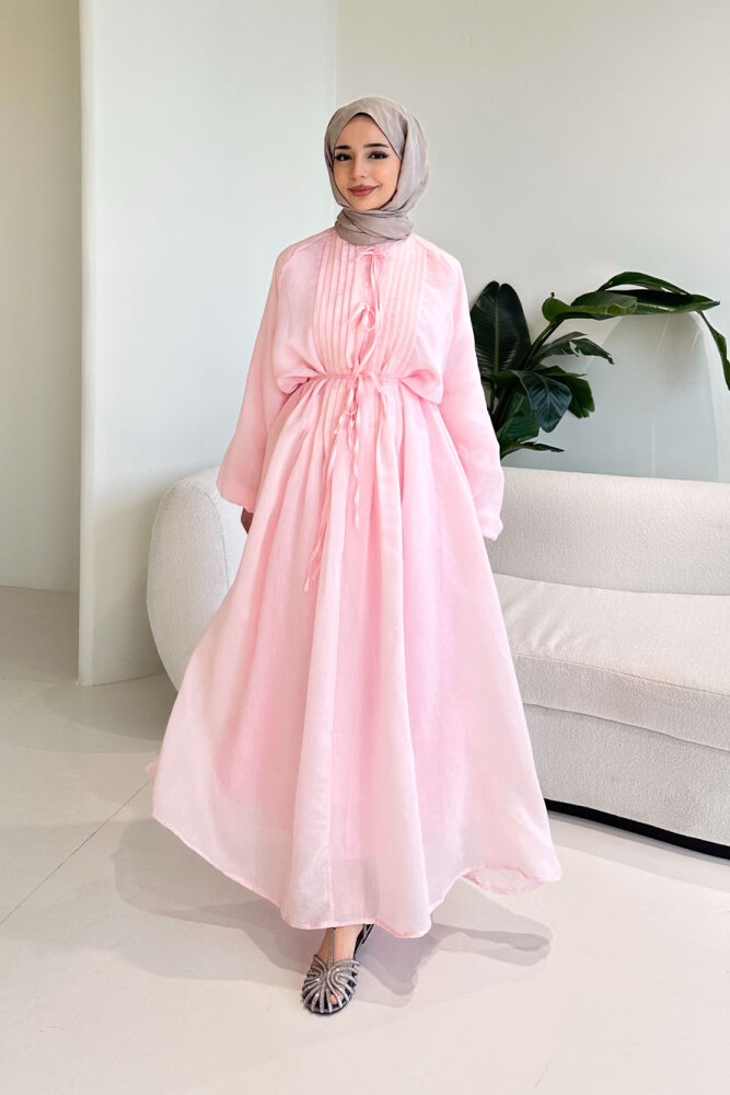Rei Fiyonk Bağlamalı Nervür Detaylı Elbise - Pembe - 9