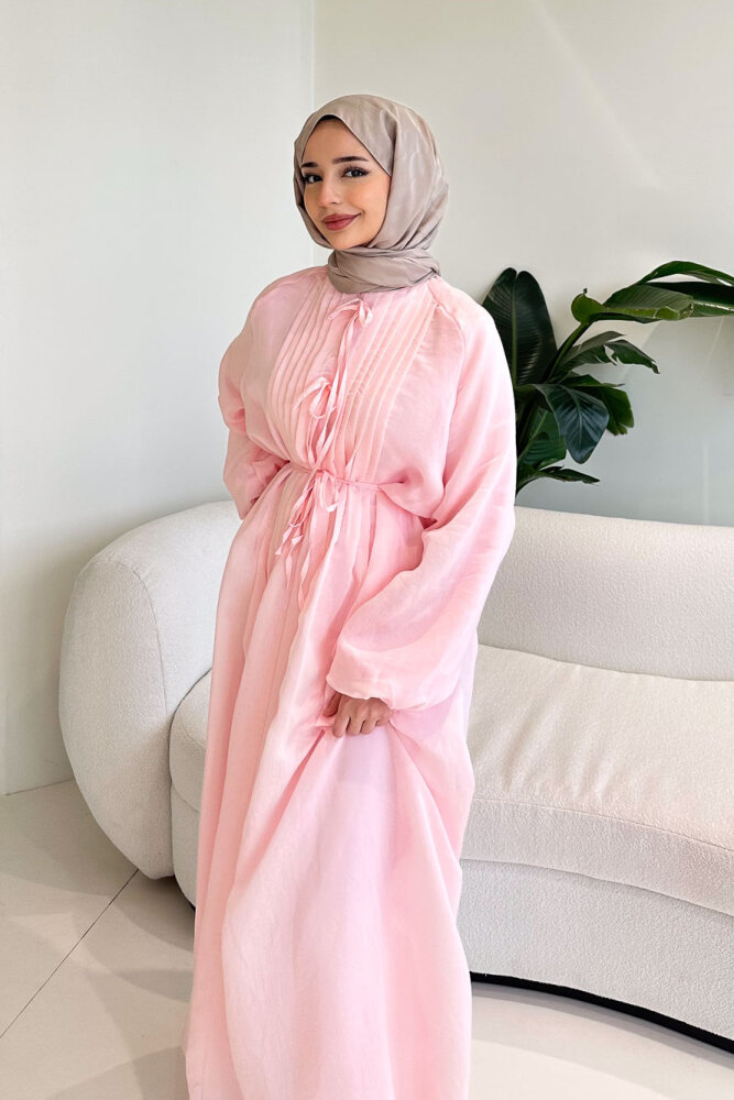 Rei Fiyonk Bağlamalı Nervür Detaylı Elbise - Pembe - 5