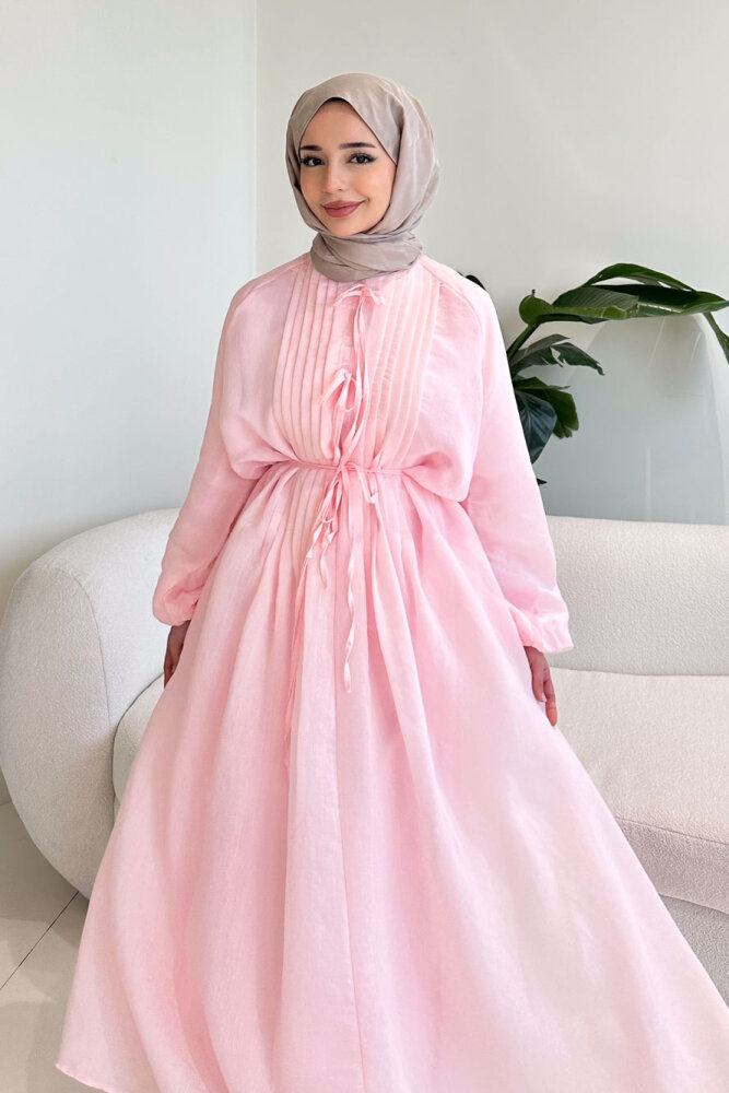 Rei Fiyonk Bağlamalı Nervür Detaylı Elbise - Pembe - 3