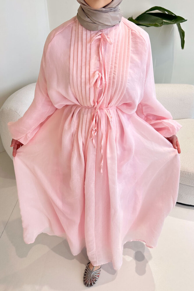 Rei Fiyonk Bağlamalı Nervür Detaylı Elbise - Pembe - ENMA (5)