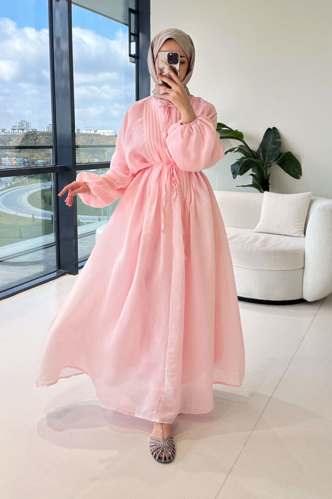 Rei Fiyonk Bağlamalı Nervür Detaylı Elbise - Pembe - ENMA (0)